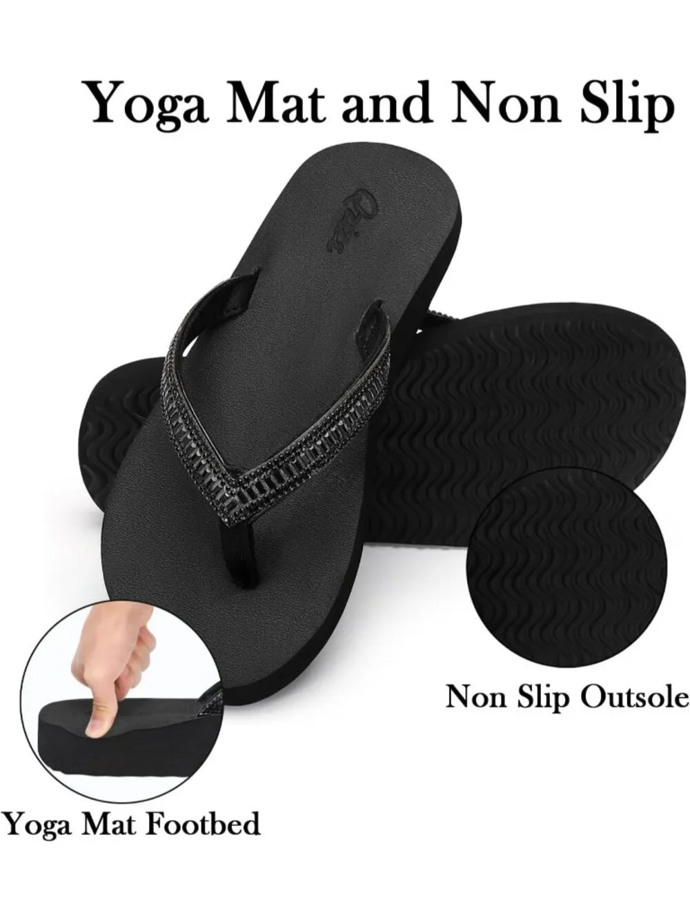 Women's Black Summer Comfortable Flip Flops with Rhinestone Beach Thong Sandals